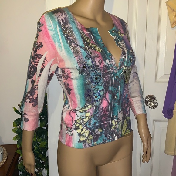 pastel blue pink sparkling butterflies cardigan sweater M - Picture 6 of 11